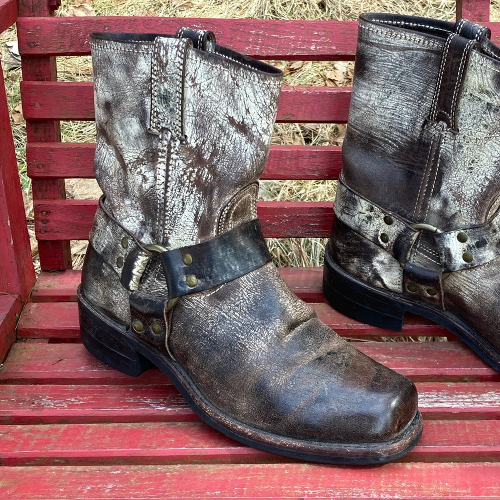 Rare FRYE 8” Harness Square Toe Vintage Leather Brown Size 9.5